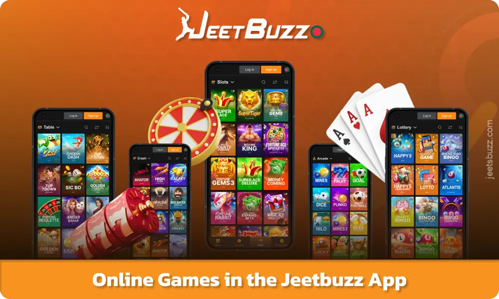 The Jeetbuzz app offers slots, live games, arcades, lotteries, crash games, and table games from well-known providers